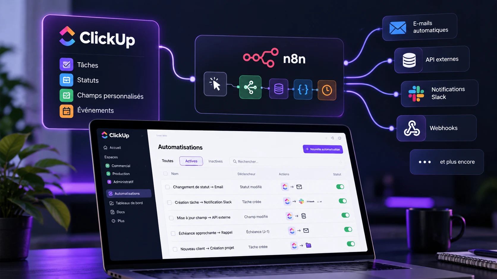 Schéma d’une intégration entre ClickUp et n8n vers des e-mails, des API externes, Slack et des webhooks, avec la liste des automatisations actives