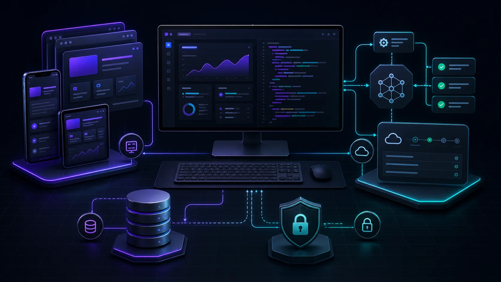 Illustration du développement Full Stack de Progrify, de l’interface au déploiement