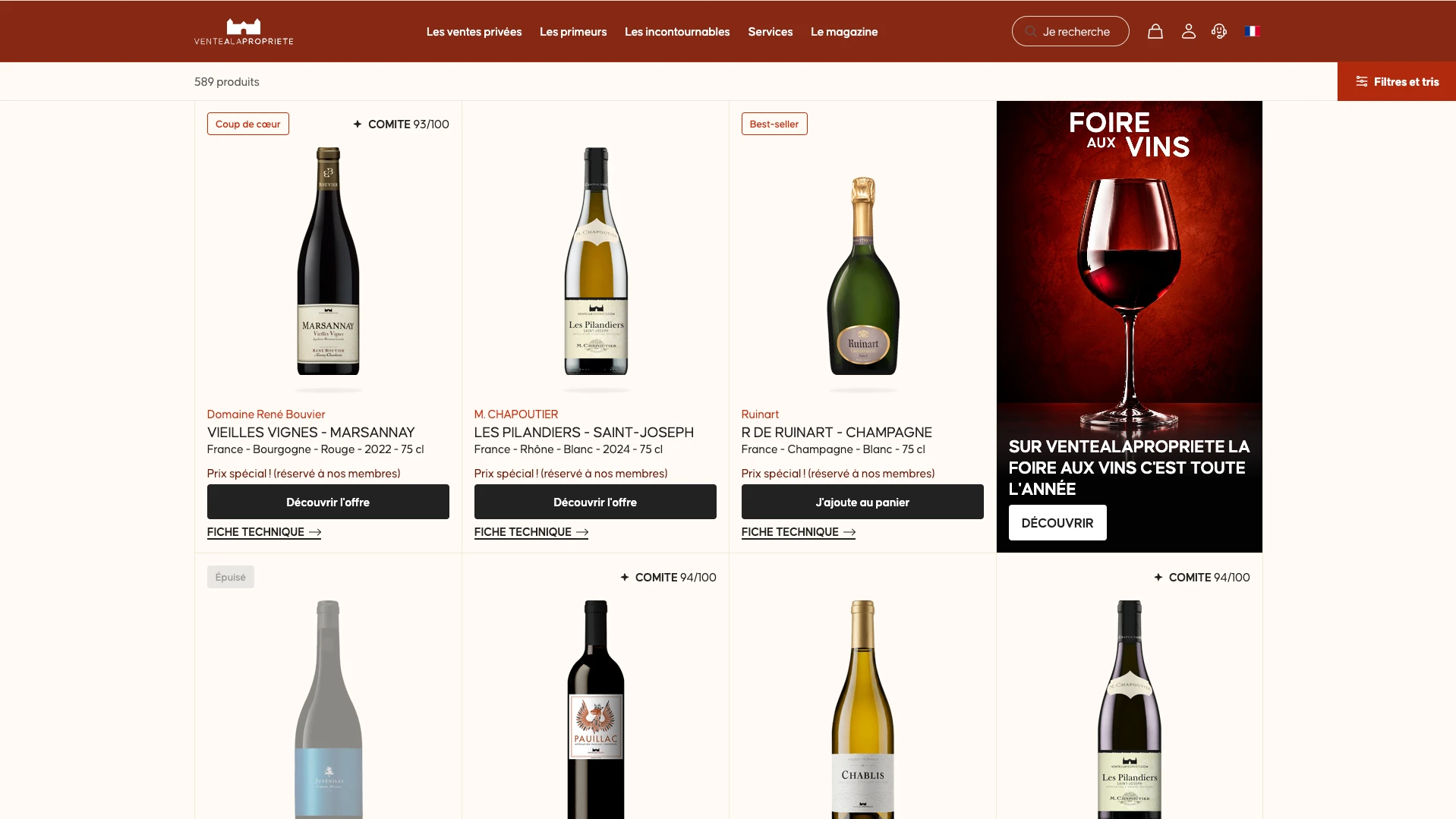 Catalogue de Ventealapropriete.com après la refonte, avec filtres, tris et cartes produit