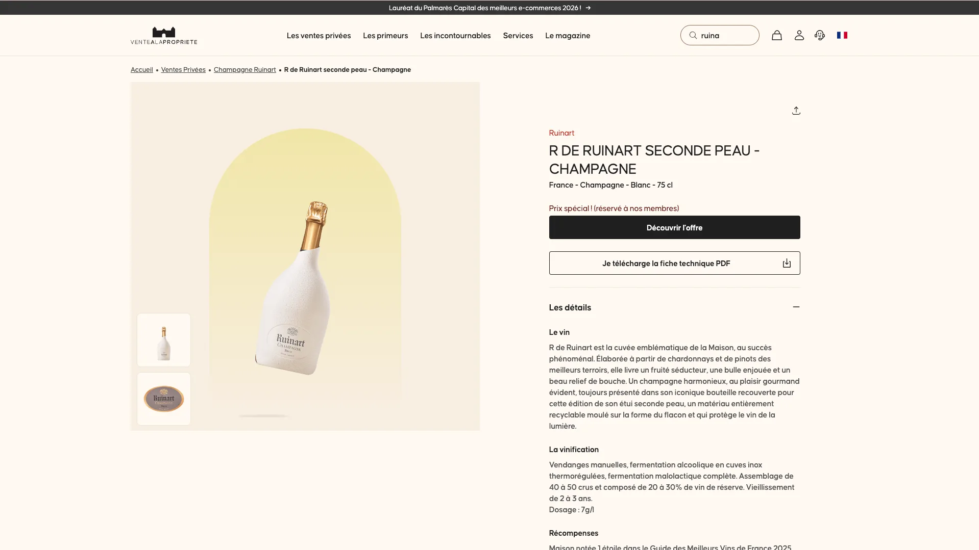 Fiche produit R de Ruinart seconde peau sur Ventealapropriete.com, avec galerie, prix membre, bouton de découverte et téléchargement de la fiche technique