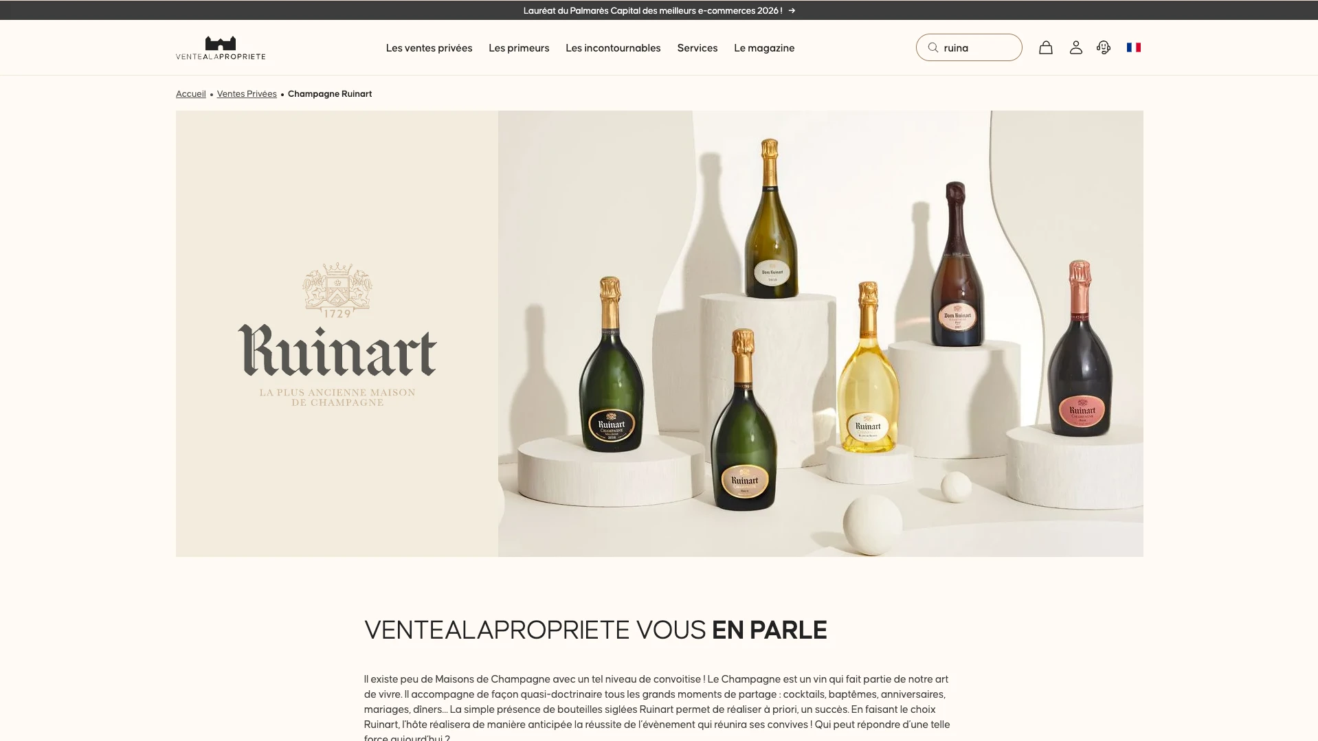 Page de vente de la maison Ruinart sur Ventealapropriete.com, avec logo, visuel des bouteilles et texte éditorial