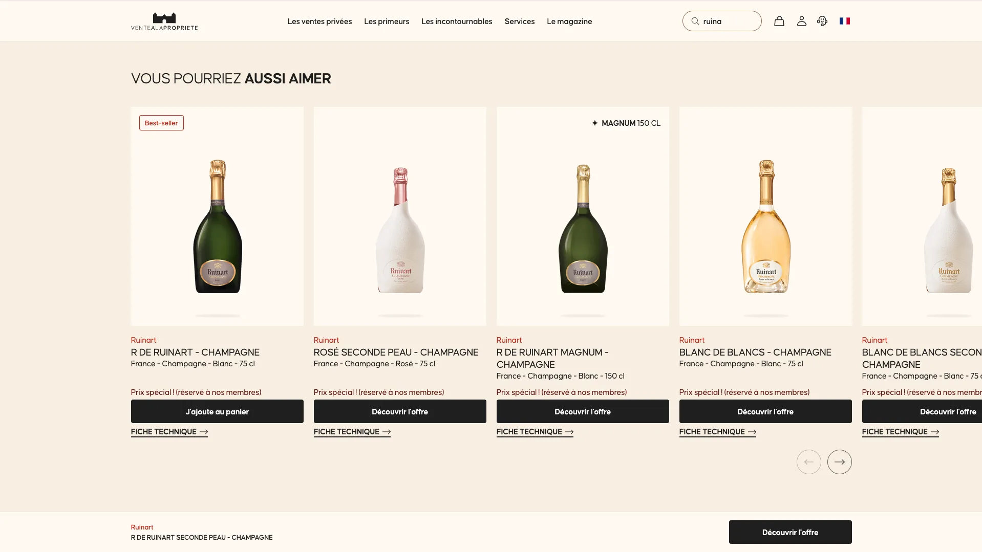 Carrousel « Vous pourriez aussi aimer » sur Ventealapropriete.com avec cinq champagnes Ruinart et une barre d’action fixe en bas de page