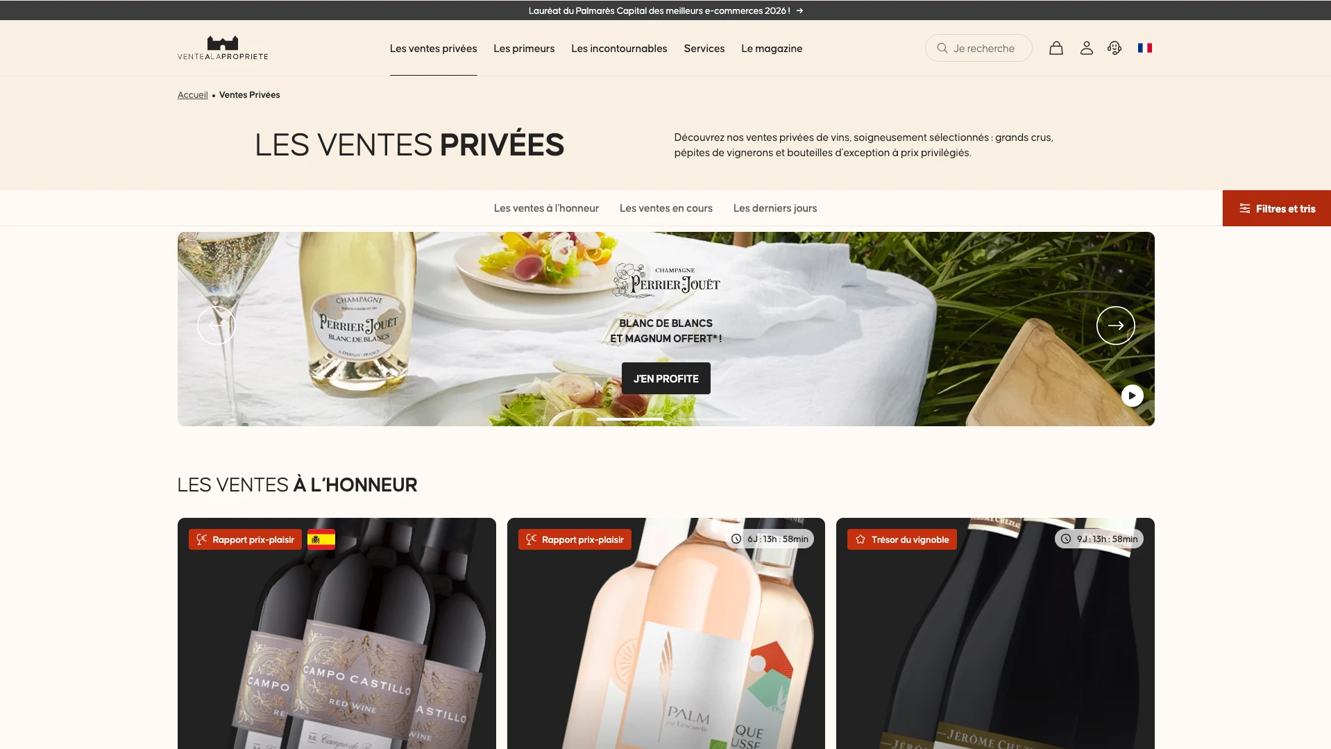 Page des ventes privées de Ventealapropriete.com après la refonte, avec navigation par temps forts, filtres et cartes de vente