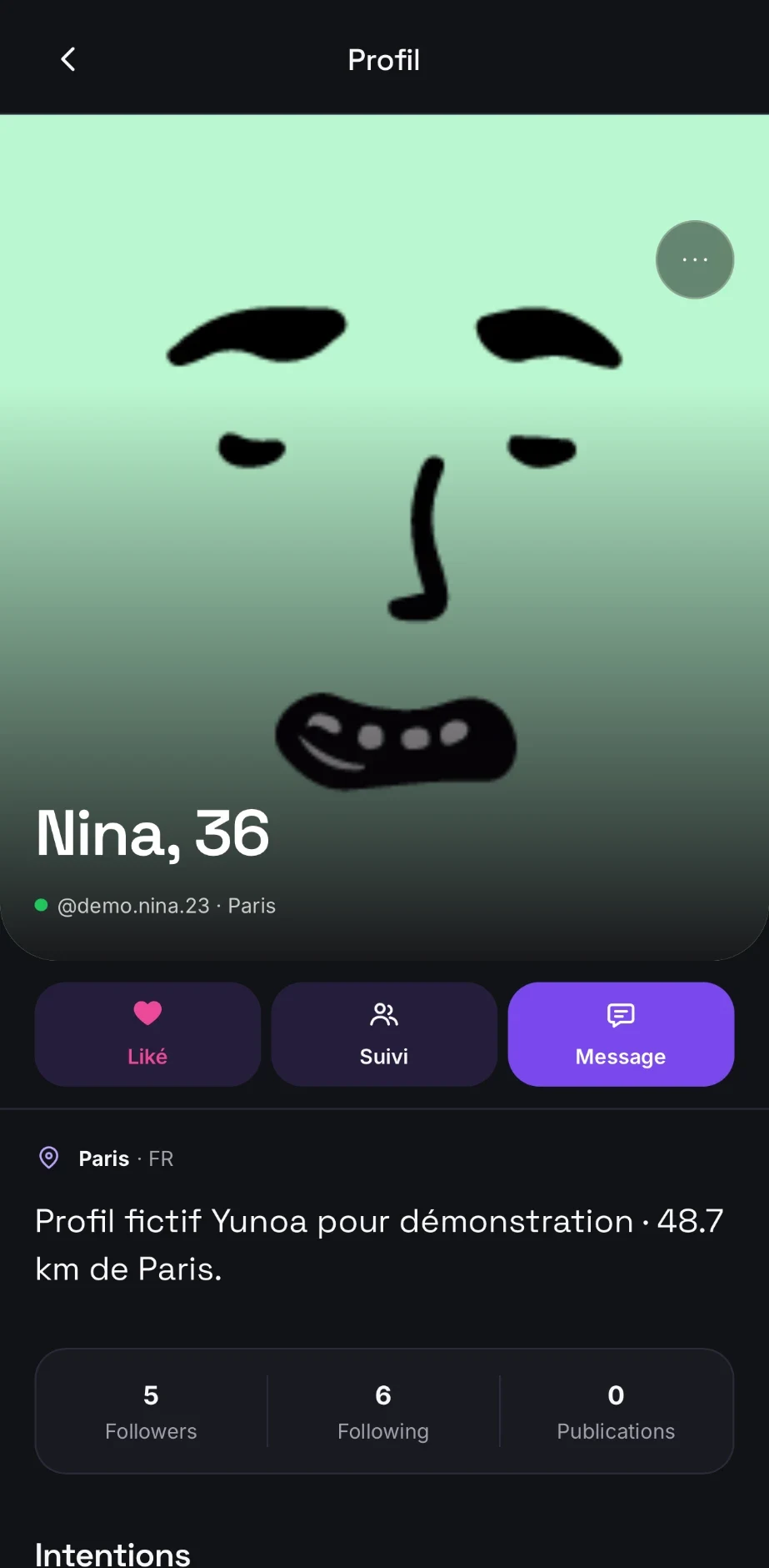 Fiche profil Yunoa avec photo, pseudo, ville et boutons Liké, Suivi et Message, puis compteurs d’abonnés et de publications